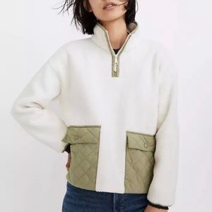 Madewell Fleece Pullover Jacket Quilted Pockets White Quarter Zip Size Small